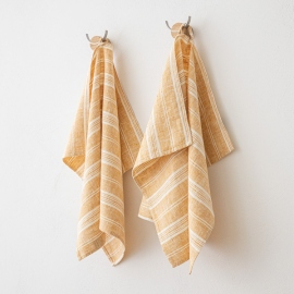 Set of 2 Gold Linen Tea Towels Multistripe