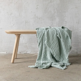 Sea Foam Linen Throw with Fringes Washed Waffle