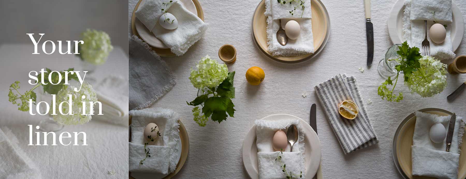 Easter table décor with LinenMe linen tablecloth, linen napkins, spring table styling and neutral tones
