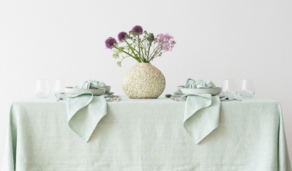 Easter table setting with purple flowers